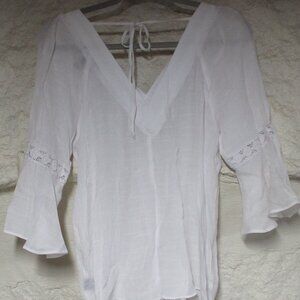 IZ Byer Boho White Gauze V Neck Peasant Shirt